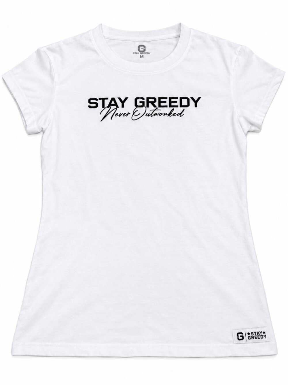 White T-Shirt With Stay Greedy Logo | Size L | 100% Cotton